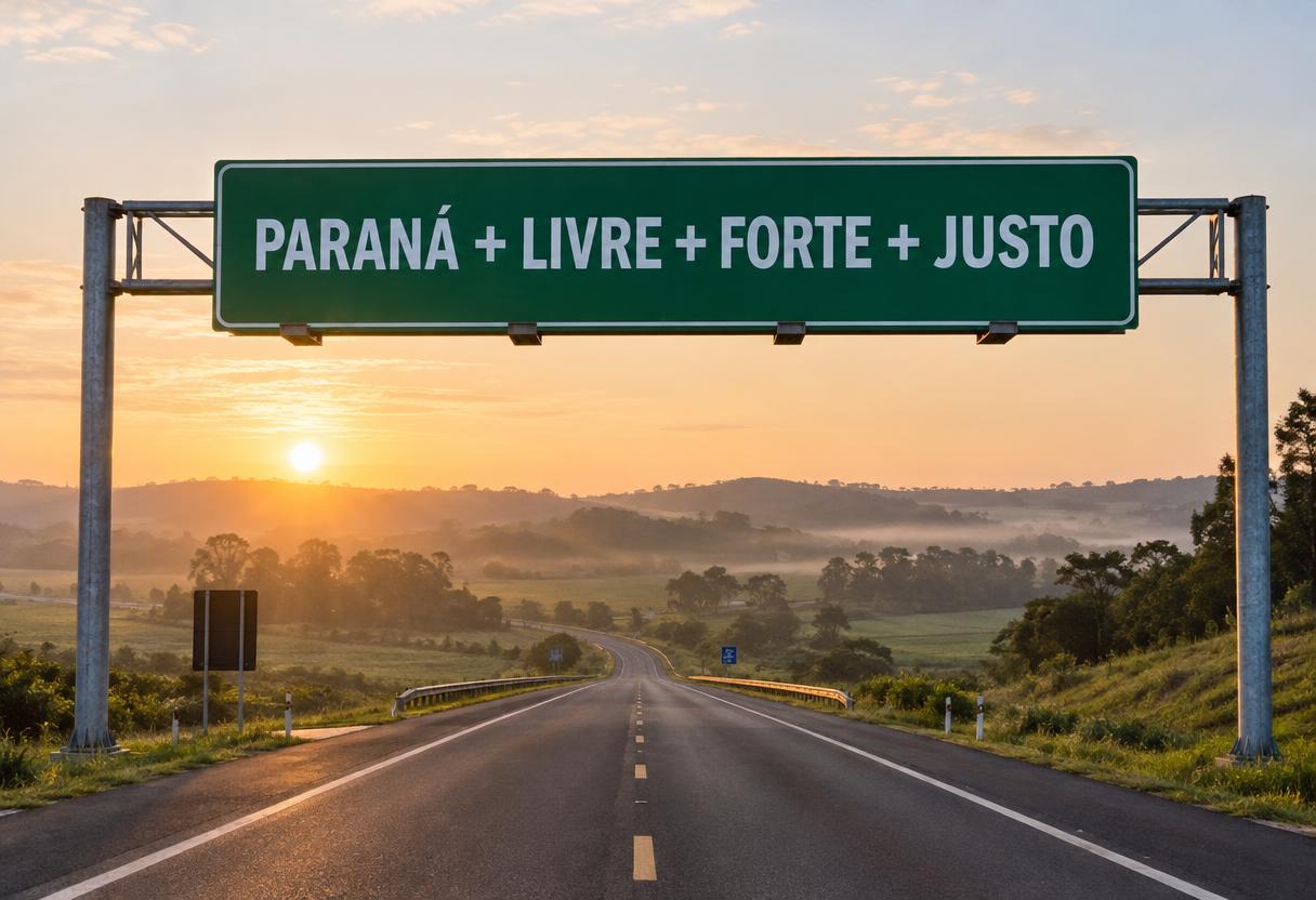 Placa verde à beira da estrada com a mensagem Paraná mais livre, mais forte e mais justo